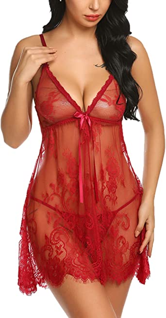 sexy see through red babydoll pajamas for Christmas and Avidlove Babydoll Lingerie for Women Honeymoon V Neck Chemise Sexy Exotic Open Front Negligee