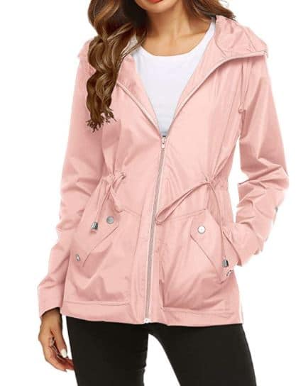 women's light pink cheap rain jacket with pockets and zipper on Amazon