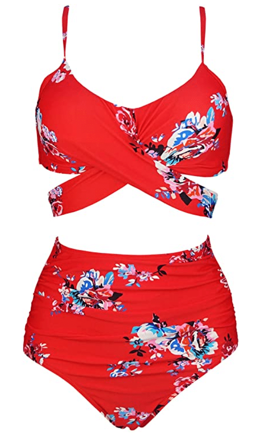 red COCOSHIP Women's Ruching High Waist retro 1950s and 1960s Bikini Set with floral print to hide belly pooch