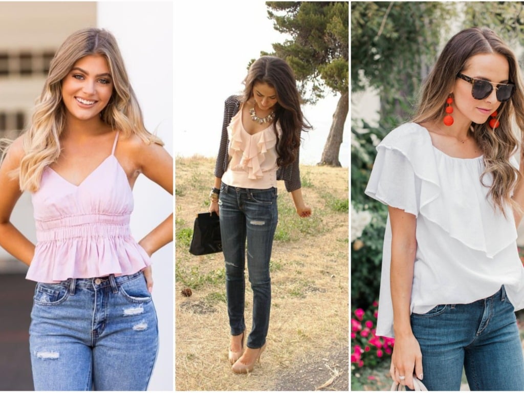 cute spring outfit ideas with jeans and a girly top
