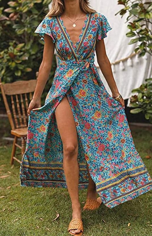 Blue and Green Floral Print Boho Maxi Dress on Amazon by ZESICA