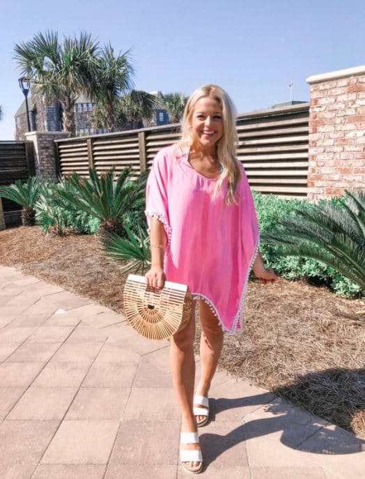 Hot pink coverup with sandals for a beach vacation outfit
