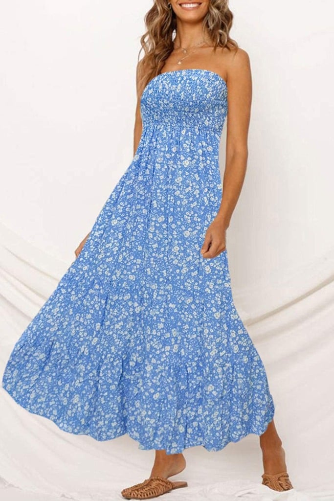 Strapless Blue Maxi Dress on Amazon with Floral Print by ZESICA
