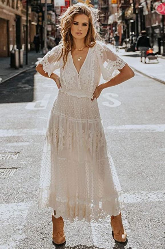 White Lace Boho Dress on Amazon with Sleeves by Bdcoco