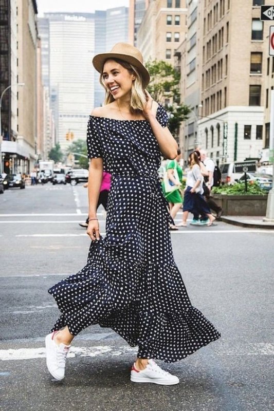 city outfit with Air Force 1s and polka dot dress for summer
