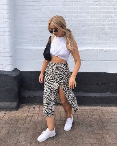 cute Air Force 1 outfit for women with leopard print skirt and white crop top