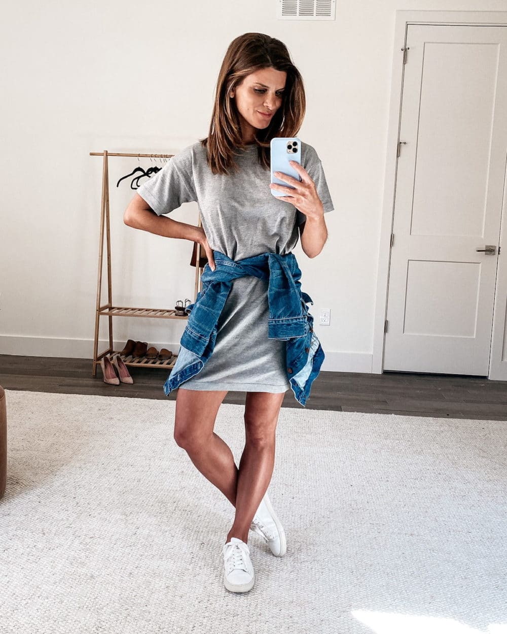 denim and gray dress with Air Force 1s outfit