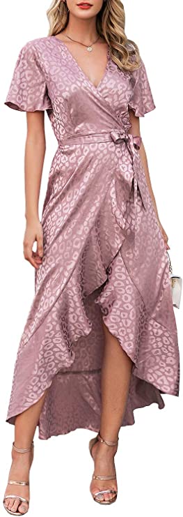 pink leopard v-neck wrap wedding guest dress