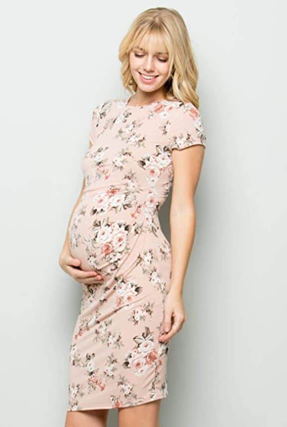 light pink floral print dress for spring maternity outfit