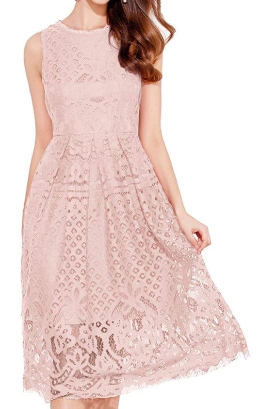 light pink knee length wedding guest dress with lace