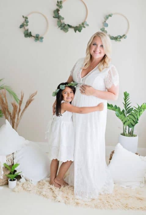 mother daughter photoshoot with boho maternity dress