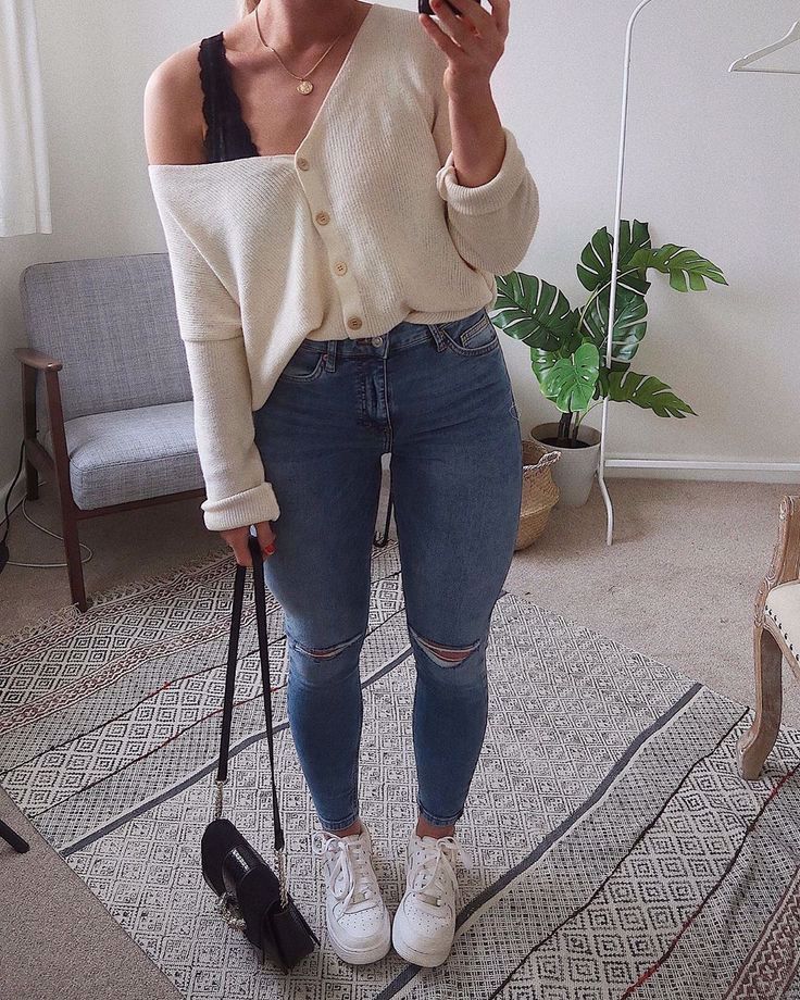 outfit with Nike Air Force 1s and off the shoulder sweater