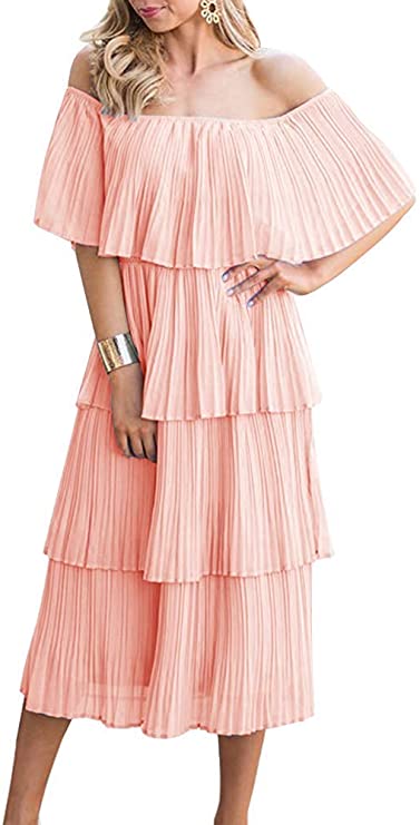 pink off shoulder wedding guest dress with pleats