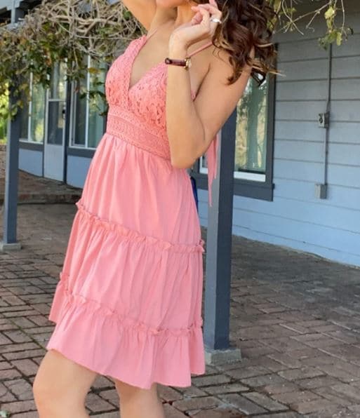 short ruffle pink dress for beach vacation outfit by ECOWISH