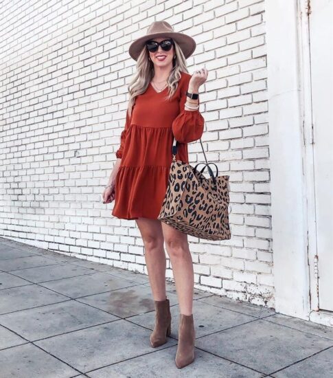 Cute Fall Outfit Idea with Red Tunic Dress, Booties, and Hat