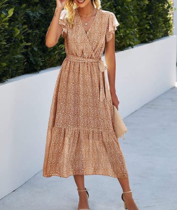 BTFBM Summer Boho Floral Wrap V Neck Ruffle Cap A-Line Midi Dress to hide belly bulge and to hide tummy