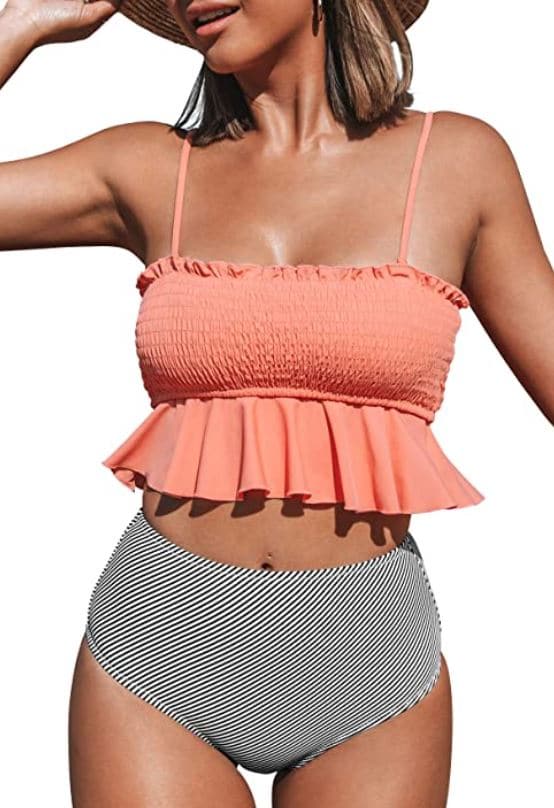 CUPSHE Women's High Waist Bikini Swimsuit Ruffle Smock Floral Print Two Piece Bathing Suit with pink top and striped high waist bottoms for small chest