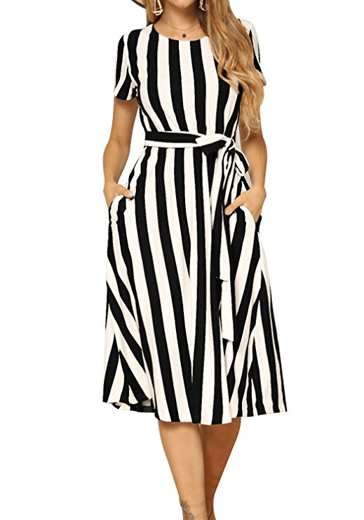 Black and White Striped Midi Dress with Pockets by Levaca