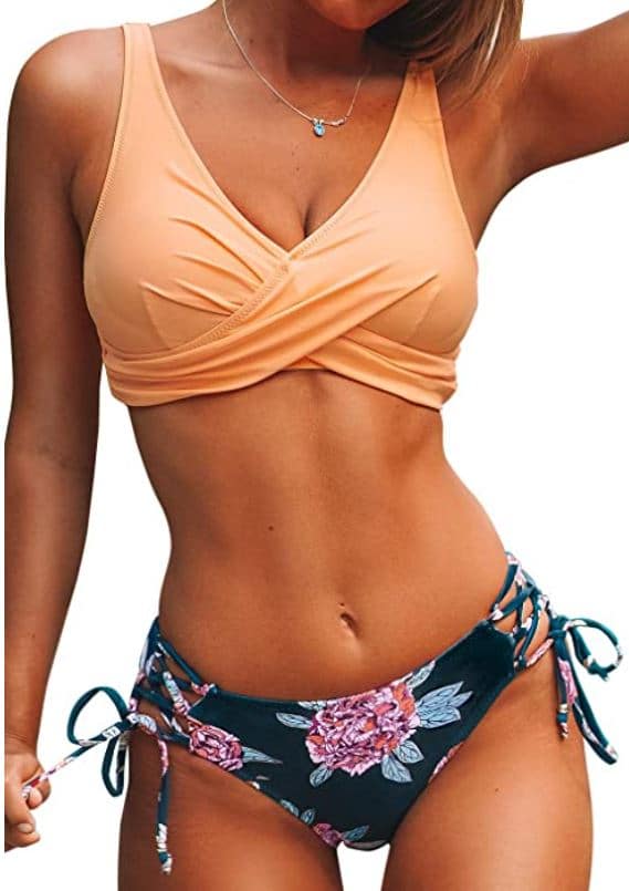 CUPSHE Women's Bikini Swimsuit Floral Print Lace Up Two Piece Bathing Suit with peach top and floral bottom for large breasts