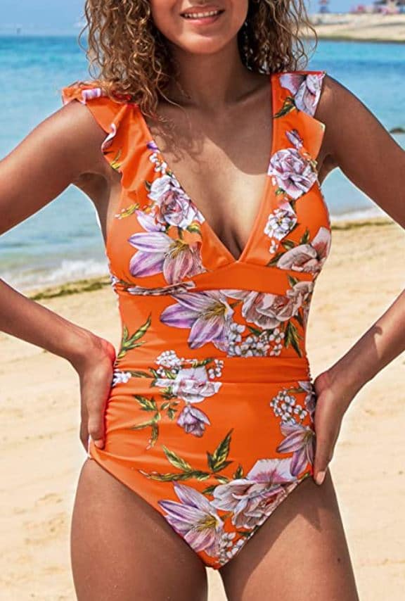 CUPSHE v neck one piece swimsuit for juniors in orange with ruffles and lace up monokini