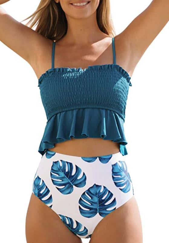 CUPSHE Women's High Waist Bikini Swimsuit Ruffle Smock Floral Print Two Piece Bathing Suit with blue ruffle top and white high waist bottom for small chest