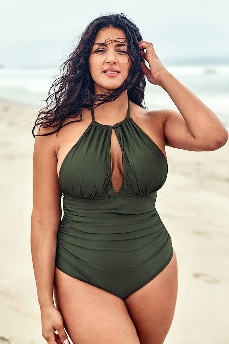 CUPSHE Olive Halter Plus Size One Piece Swimsuit