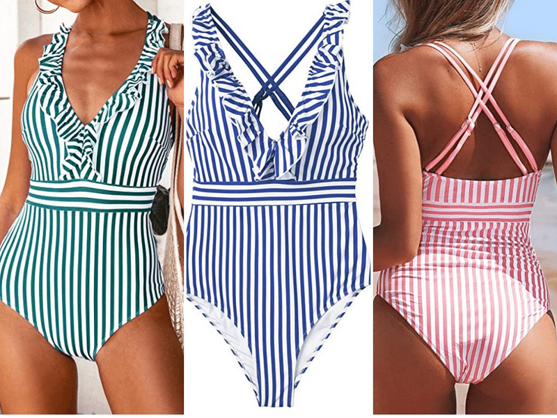 CUPSHE Women's V Neck One Piece Swimsuit Ruffled Back Cross Swimsuit with Stripes and Ruffles