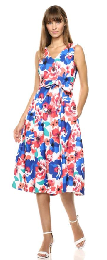 Calvin Klein Women's Sleeveless V Neck Midi Dress with Pink and Blue Flowers for wedding guest outfits