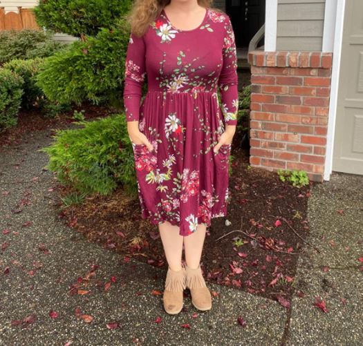 DB Moon Red Floral Print Dress with Long Sleeves, Pockets, and Empire Waist