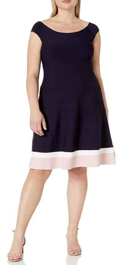 Eliza J Plus Size Fit & Flare Dress in Navy and Pink for Apple Shape Wedding Guest Dress