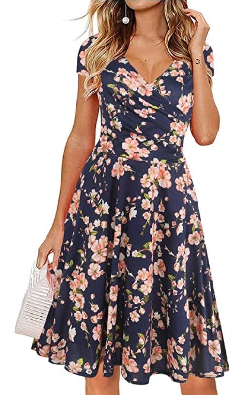 Floral Print Knee Length V-Neck Wrap Dress with Sleeves by Oxiuly