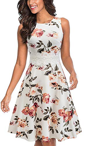 HOMEYEE sleeveless A-line cocktail dress in white with floral print for pear shaped figure