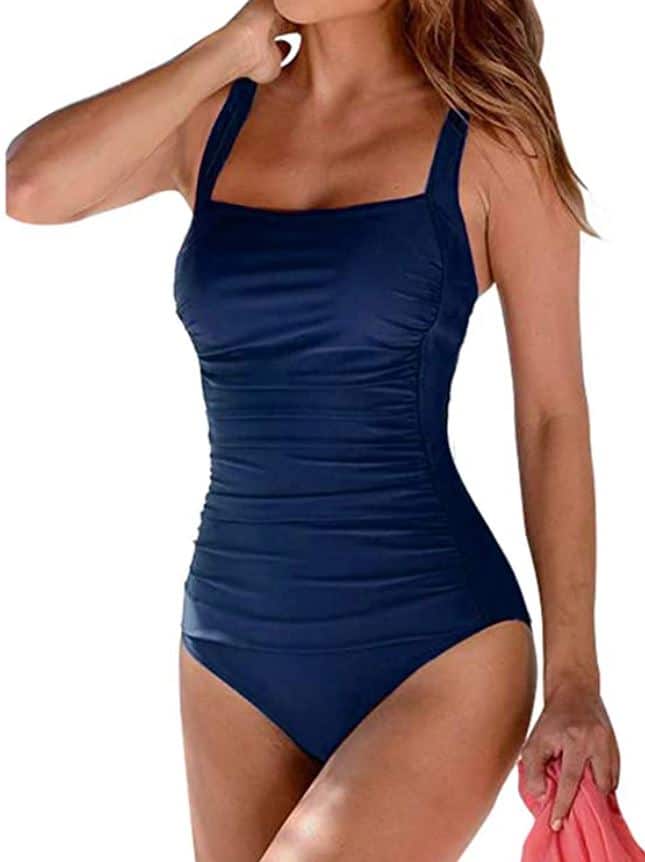 Hilor Women's One Piece Swimsuits Shirred Tank Swimwear Vintage Tummy Control swimsuit in navy with tummy control for large breasts