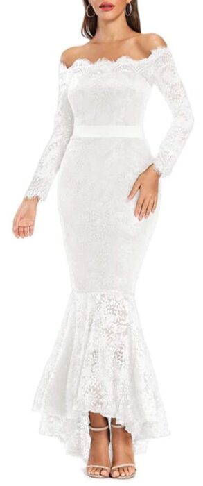 LALAGEN Floral Lace Long Sleeve Off the Shoulder Mermaid Dress for Weddings and Formal Events for Curvy Women