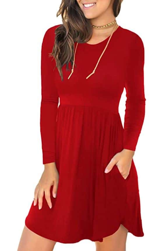 LONGYUAN Long Sleeve Casual T Shirt Swing Dress with Pockets in Red