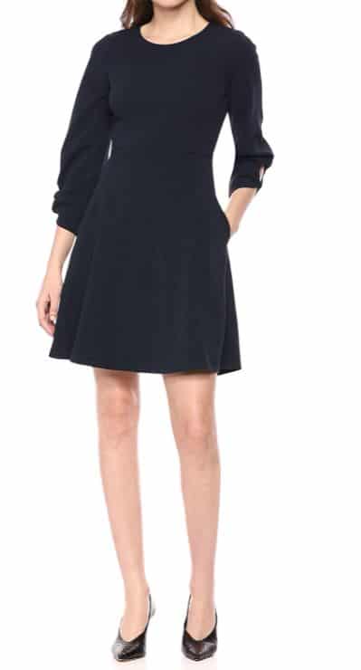 Amazon Brand - Lark & Ro Women's Gathered 3/4 Sleeve Crew Neck Fit and Flare work Dress with Pockets
