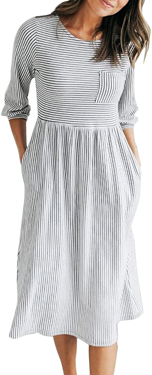 MEROKEETY House Dress with Striped for Older Ladies and Lounging with Pockets