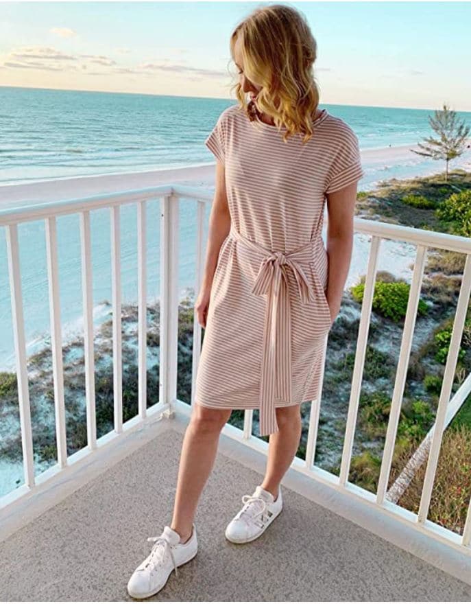 MEROKEETY pink and white striped casual dress with pockets