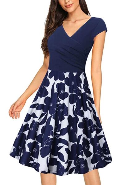 Messic Blue and White Neck Dress for Pear Shape Figure with Cap Sleeve Elegant Flared A Line Dress