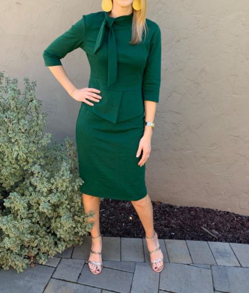 Moyabo Tie Neck Vintage Bodycon Peplum Business Formal Work Pencil Dress in Green with Long Sleeves