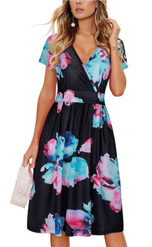 OUGES floral print wedding guest dress with pockets and short sleeves