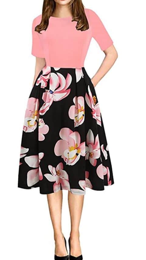 Oxiuly Vintage Swing Casual Dress with Sleeves and A-Line Cut with Pink and Black for Apple Shape Wedding Guest Dress
