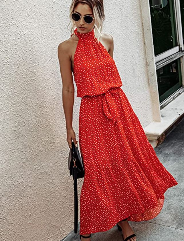 PRETTYGARDEN Red Polka Dot Halter Dress with Maxi Length and Belt