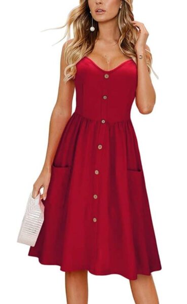 Red KILIG Women's Summer Floral Dress Spaghetti Strap Button Down Sundress with Pockets