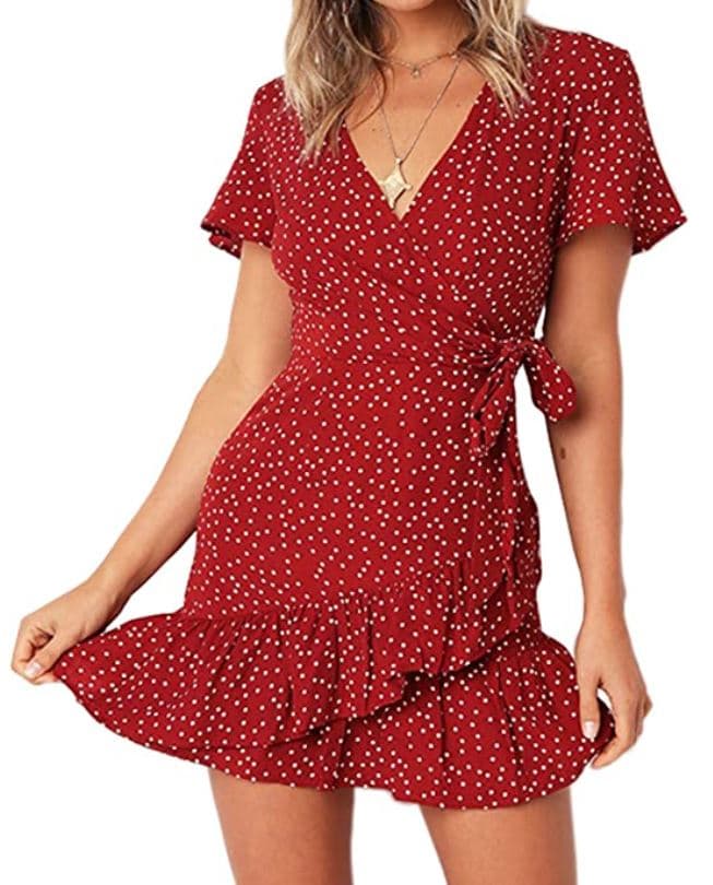 Relipop Red and White Polka Dot Short Sleeve Print V Neck Dress for Apple Shape and Summer