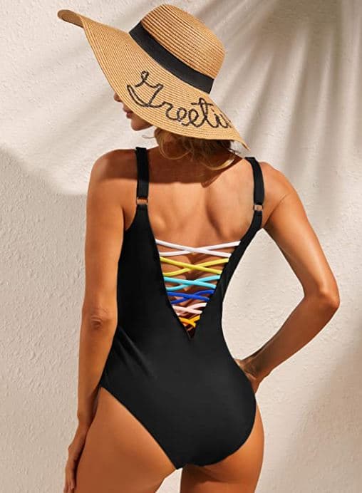 unique black one piece swimsuit with rainbow lattice front