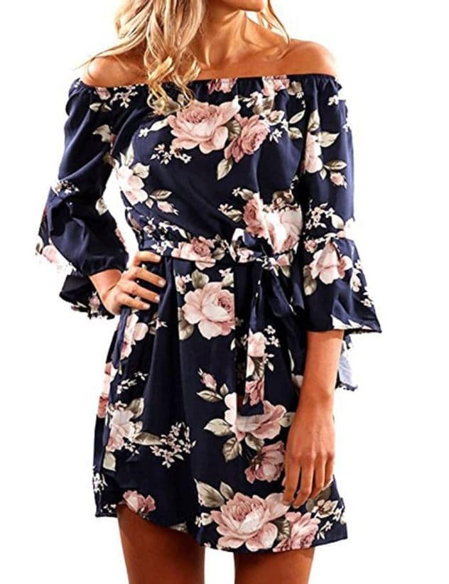 SVALIY Off Shoulder Ruffles Floral Tunic Casual Party Shift Short Dress in Navy with Pink Flowers for Apple Shape