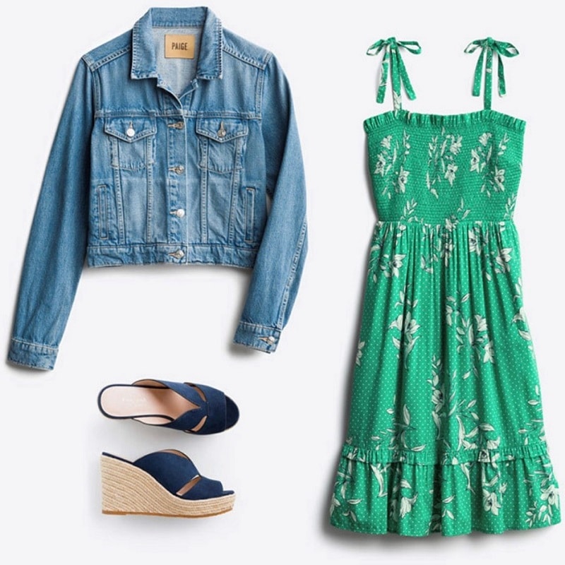 Stitch Fix Green Summer Dress with White Flowers and Jean Jacket