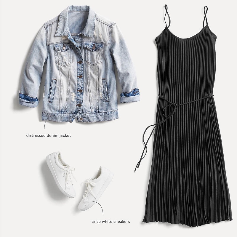 Stitch Fix Summer Black Pleated Dress with Jean Jacket and White Sneakers