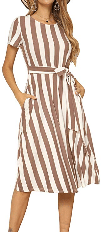 Striped Brown Dress with Tie Front in Brown by Levaca with Pockets